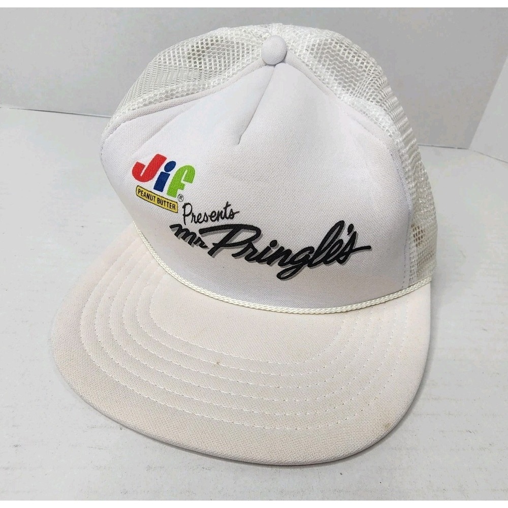 VTG Jif Peanut Butter Presents Mr Pringle's  Cap Trucker Snapback Hat White Mesh